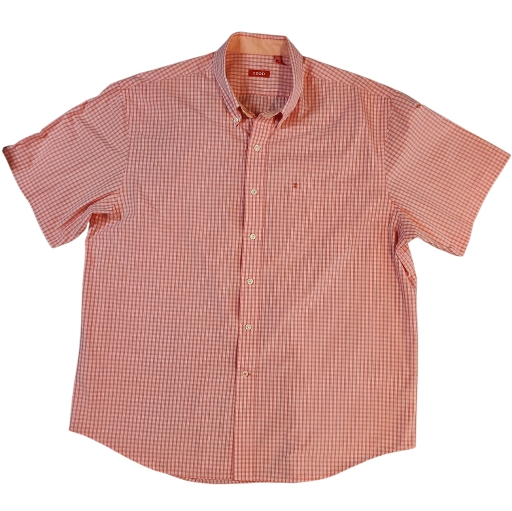 Izod Mens Button Down Shirt Pink Check Short Sleeve Collared Pocket Logo Size XL